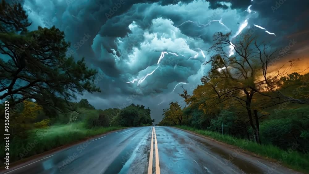 Fury on the Horizon: A lonely road stretches towards an electrifying tempest, lightning bolts illuminating a dramatic, stormy sky. Fury on the Horizon: A lonely road stretches towards an electrifying tempest, lightning bolts illuminating a dramatic, stormy sky.
