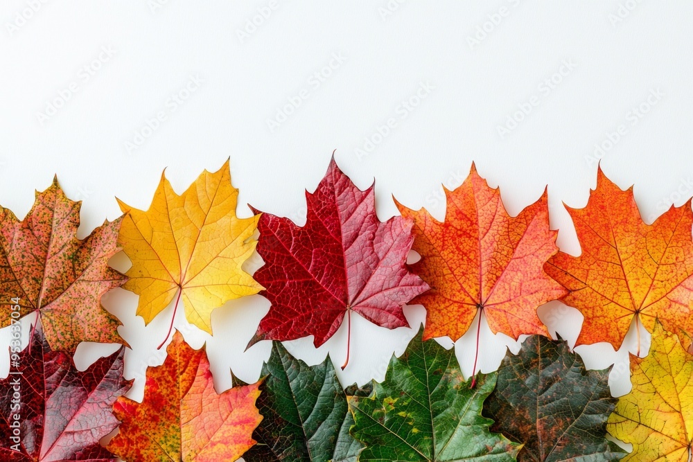 Fototapeta premium Autumn Maple Leaves Flat Lay White Background created with Generative AI