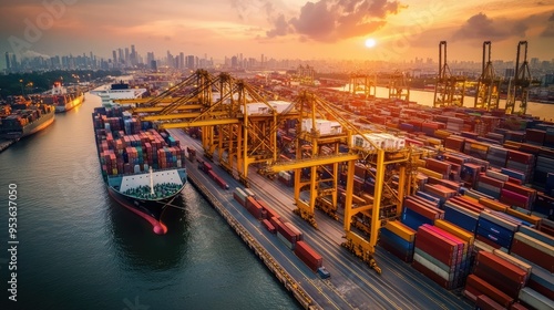 Wallpaper Mural Container ship docked at a port, with containers being loaded and unloaded for global import and export. Focus on efficient logistics and freight operations. Torontodigital.ca