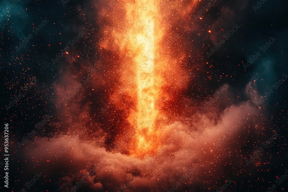 Explosive Fiery Explosion with Dark Background and Scattered Sparks Explosive Fiery Explosion with Dark Background and Scattered Sparks