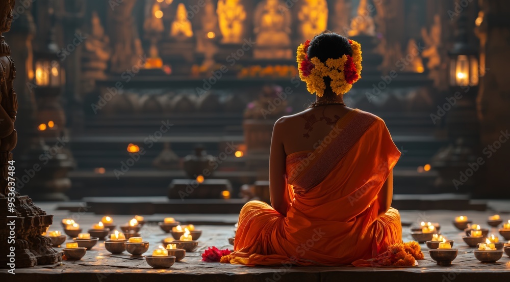 Indian Woman in Orange Sari Praying in Temple, Surrounded by Candles and Flowers Indian Woman in Orange Sari Praying in Temple, Surrounded by Candles and Flowers