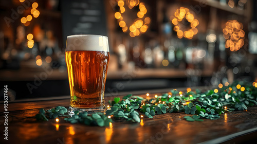 A glass of beer on a bar co...
