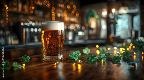 A glass of beer with shamro...