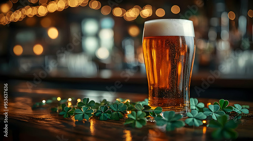 A glass of beer with shamro...