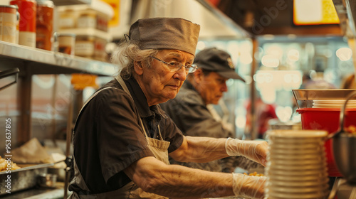 An elderly woman wearing a cap, working in the kitchen of a fast food restaurant. Old age and economic hardship, facing low-wage jobs