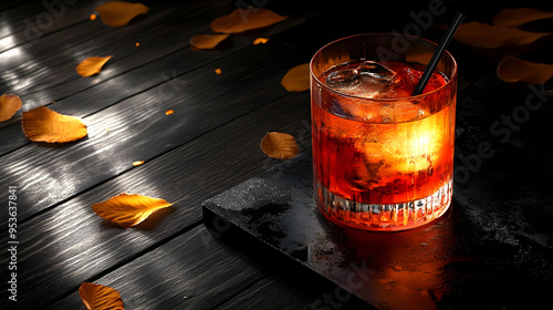 A glass of orange cocktail ...