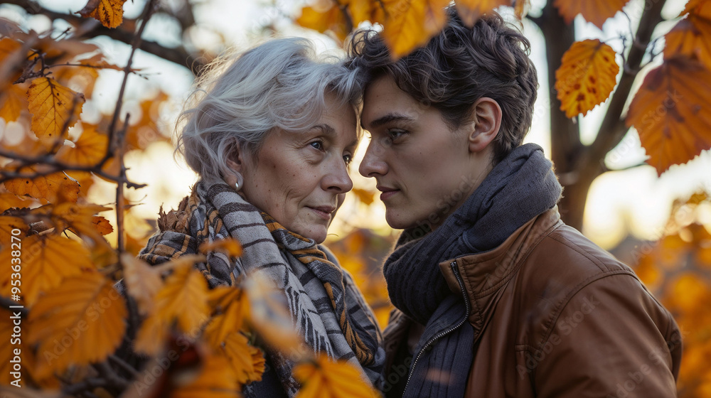 Intimate moment between young man and elderly woman amidst autumn leaves, showcasing their affectionate bond and the beauty of intergenerational love Intimate moment between young man and elderly woman amidst autumn leaves, showcasing their affectionate bond and the beauty of intergenerational love