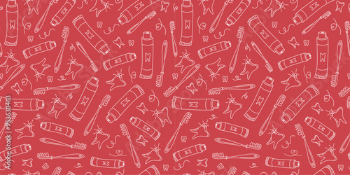 Pattern, dental icons. Toothbrush, toothpaste, teeth. Cleaning and dental care. Healthy clean tooth. Drawings, Doodle. Seamless background.