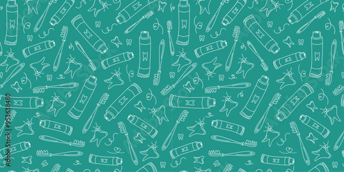 Pattern, dental icons. Toothbrush, toothpaste, teeth. Cleaning and dental care. Healthy clean tooth. Drawings, Doodle. Seamless background.