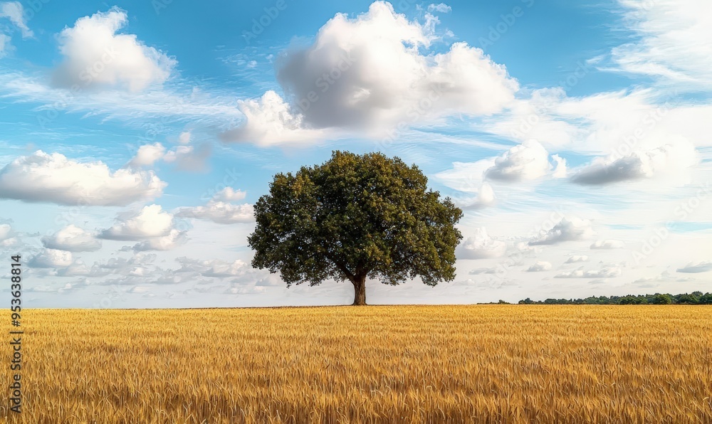 Solitary Tree in Vast Golden Field under Bright Blue Sky Solitary Tree in Vast Golden Field under Bright Blue Sky