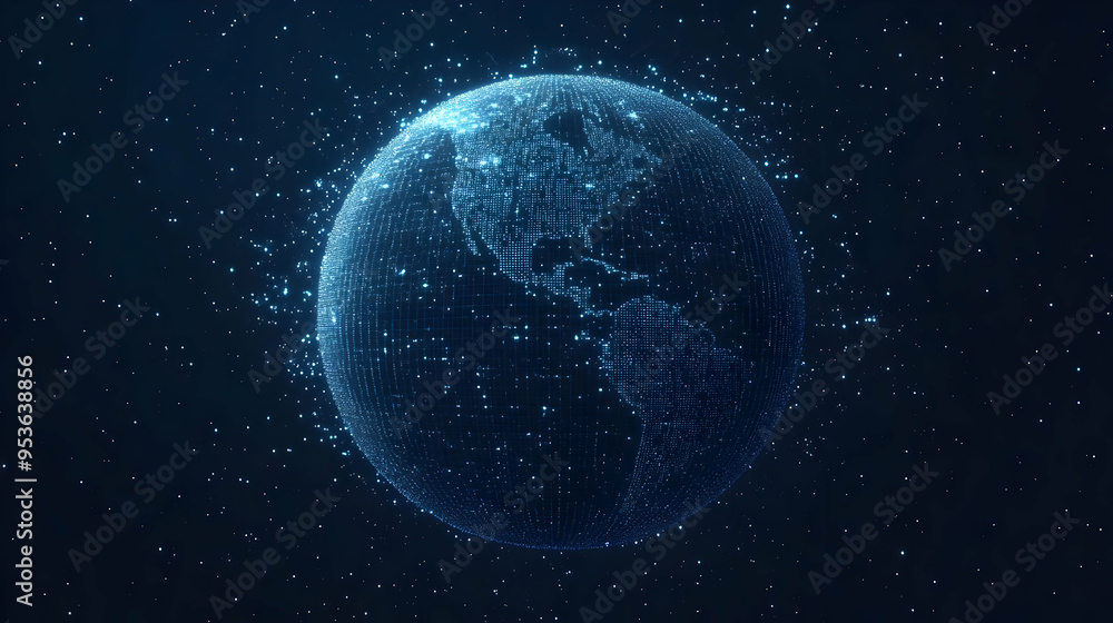A glowing digital sphere of Earth with continents and a star field background. A glowing digital sphere of Earth with continents and a star field background.