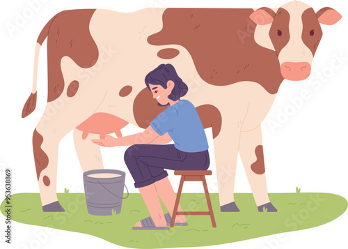 Milkmaid work illustration. Rural farm animal worker