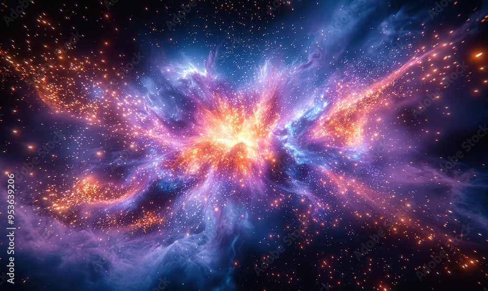Naklejka premium Vibrant Cosmic Nebula Explosion with Blue and Purple Hues