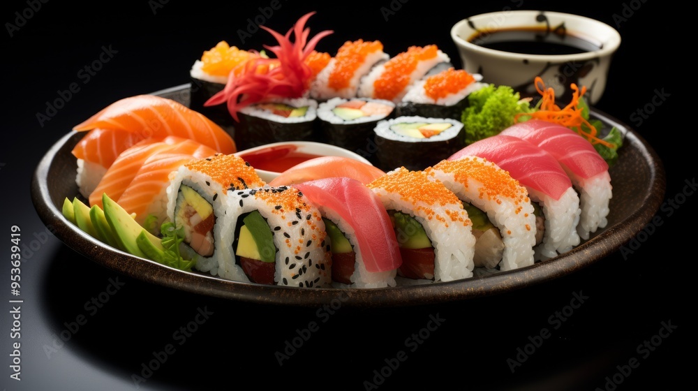 Big colorful sushi set on black background. Neural network ai generated art Big colorful sushi set on black background. Neural network ai generated art