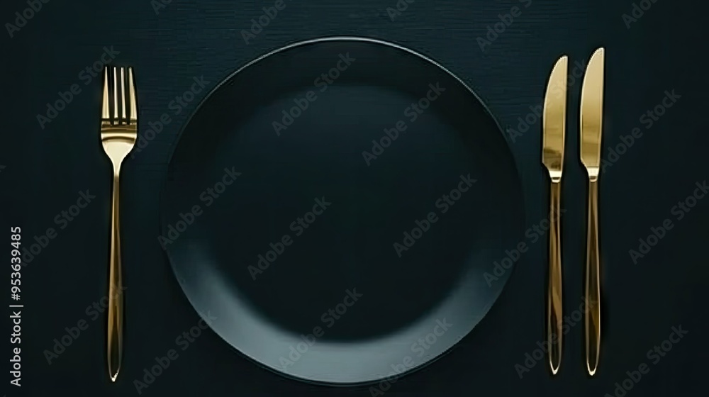 Elegant gold knives and forks arranged around an empty black plate on a dark background. The luxurious contrast creates a sophisticated dining atmosphere Elegant gold knives and forks arranged around an empty black plate on a dark background. The luxurious contrast creates a sophisticated dining atmosphere