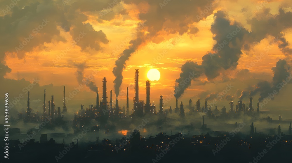 A painting of a city with a large industrial area and a large amount of smoke. The sky is dark and the sun is setting A painting of a city with a large industrial area and a large amount of smoke. The sky is dark and the sun is setting