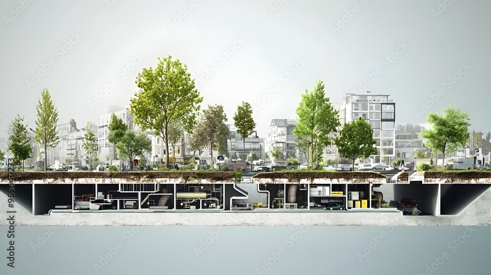 Fototapeta premium Detailed Cross-Section of Urban Drainage System Showcasing Complexity of Underground Water