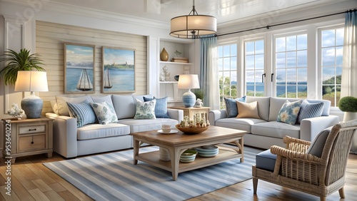 Coastal-inspired living room with a soft color palette and nautical decor