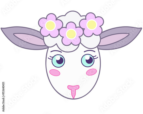 Cute muzzle of a sheep in a wreath - a vector full-color picture with a farm pet. Lamb, children's picture	