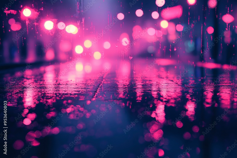 Pink and Blue Bokeh Reflections in a Wet City Street at Night Pink and Blue Bokeh Reflections in a Wet City Street at Night