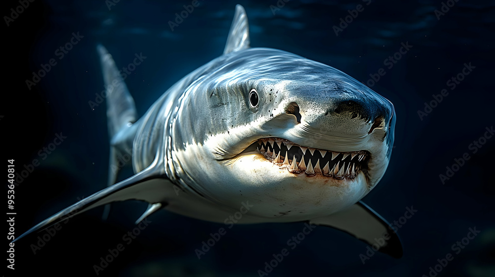 Fototapeta premium A Great White Shark with its mouth open, revealing its sharp teeth, swims through the deep blue water.