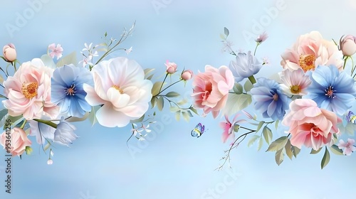 Artistic sky-blue background with pink and blue flower patterns, complemented by detailed flowery designs for a sophisticated look. photo