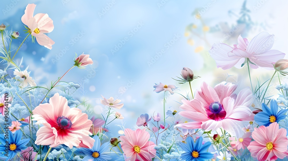 Beautiful pink and blue floral motifs against a soft sky-blue backdrop, featuring intricate designs for a dreamy and refined appearance. Beautiful pink and blue floral motifs against a soft sky-blue backdrop, featuring intricate designs for a dreamy and refined appearance.