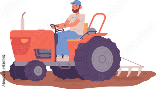 Man on tractor raking soil. Farm field worker