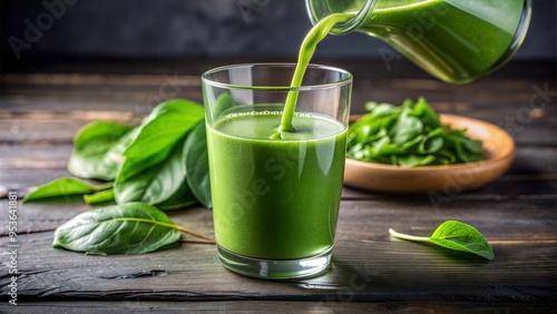 Spinach smoothie being poured into a glass, brain-boosting drink, vibrant green health beverage.