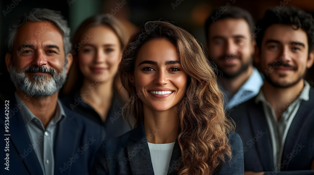 A group of diverse business professionals stand together, smiling and looking confident. A group of diverse business professionals stand together, smiling and looking confident.
