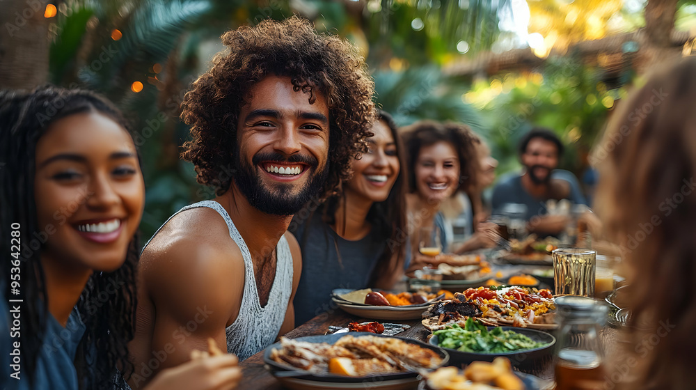 A group of friends enjoy a meal together outdoors. A group of friends enjoy a meal together outdoors.