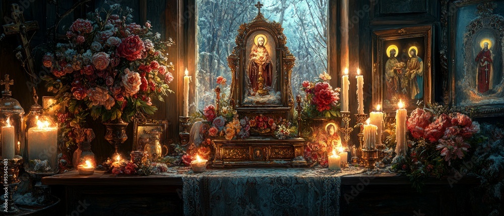 Fototapeta premium Icons Home Altar Eastern Orthodox Christianity Religion Spiritual Symbol