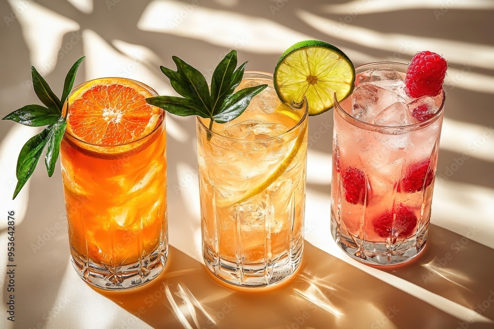 Refreshing Citrus and Berry Cocktails with Sunlit Background Refreshing Citrus and Berry Cocktails with Sunlit Background