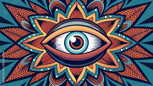 All-Seeing Eye Tattoo Design with Geometric Patterns in Teal and Orange