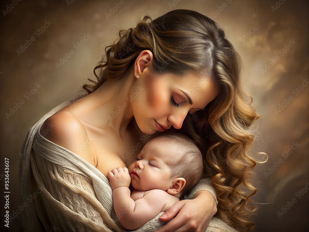 Beautiful young woman mother with long hair tenderly hugging her sleeping newborn baby Beautiful young woman mother with long hair tenderly hugging her sleeping newborn baby