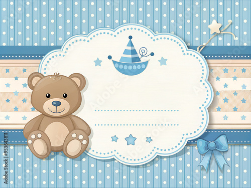 Cute greeting card for the birth of a baby boy in blue tones with a picture of a teddy bear and a boat, on a blue background with stars and space for text