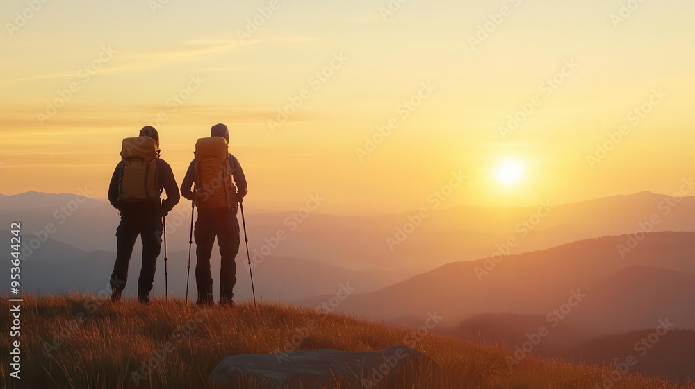 Adventurers standing on a hilltop field at sunset, overlooking a valley bathed in golden light, exploration, nature, sunset, landscape Adventurers standing on a hilltop field at sunset, overlooking a valley bathed in golden light, exploration, nature, sunset, landscape