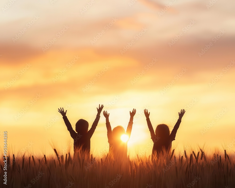 Children standing in a field of golden wheat, playing as the sun sets, creating a magical scene, childhood, sunset, nature, play Children standing in a field of golden wheat, playing as the sun sets, creating a magical scene, childhood, sunset, nature, play