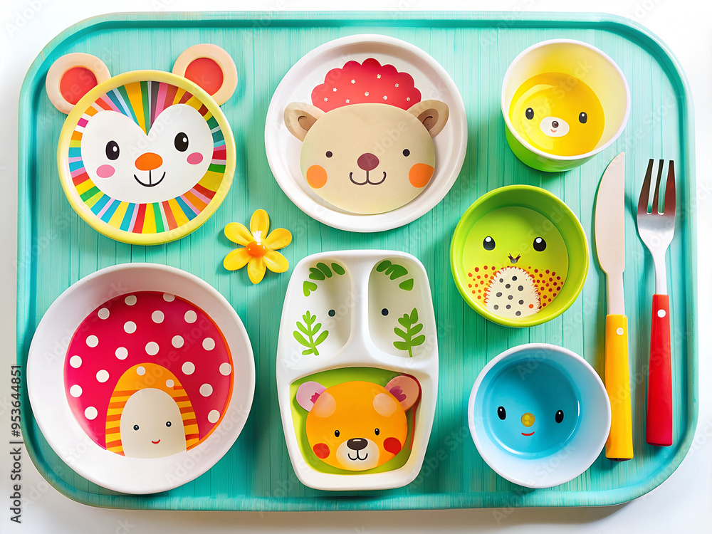 A set of cute baby dishes for infants with bright colors and images of cute animals, rare shapes, stand on a blue tray A set of cute baby dishes for infants with bright colors and images of cute animals, rare shapes, stand on a blue tray