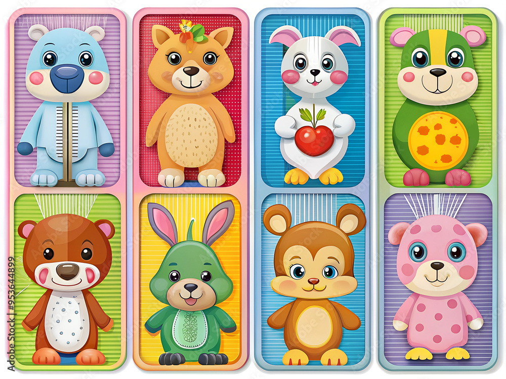 Obraz premium A set of cards with images of cute little animals of unusual colors in a hand-drawn style