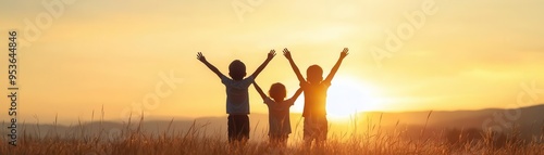 Group of children standing in a meadow, chasing the last rays of the setting sun, childhood, nature, sunset, joy