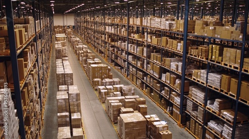 High-angle shot of a logistics warehouse filled with stored inventory, including neatly stacked boxes and organized shelving units.