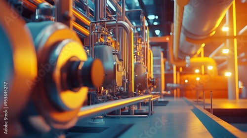 A large industrial plant with pipes and valves. The image is in a bright, industrial setting