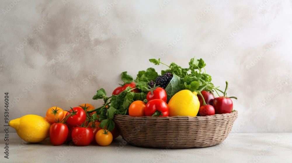 A rustic woven basket filled with fresh fruits and vegetables, their vibrant colors contrasting against a whitewashed brick wall, capturing the essence of a healthy and wholesome lifestyle. A rustic woven basket filled with fresh fruits and vegetables, their vibrant colors contrasting against a whitewashed brick wall, capturing the essence of a healthy and wholesome lifestyle.