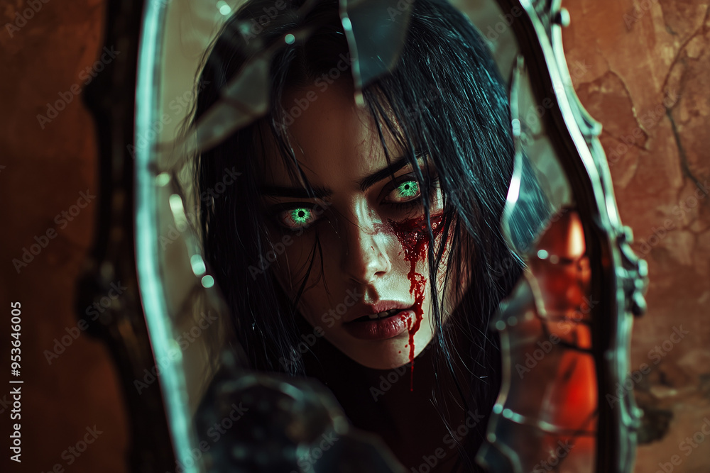 Shattered Reflection: A haunting and dramatic portrait of a woman with glowing green eyes, her face stained with blood, peering through a broken mirror. The image evokes a sense of unease and dread, p Shattered Reflection: A haunting and dramatic portrait of a woman with glowing green eyes, her face stained with blood, peering through a broken mirror. The image evokes a sense of unease and dread, p
