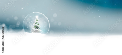 Schneekugel mit Weihnachtsbaum in unscharfen Hintergrund mit Schneeflocken