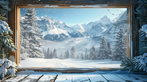 Nordic snow scene with wooden frame in cozy winter cabin. Cool blues and snowy whites