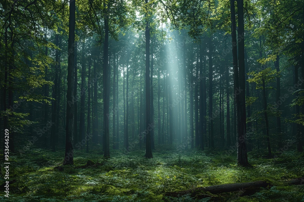 Fototapeta premium Sunlit Forest with Green Foliage and Ferns in Misty Light