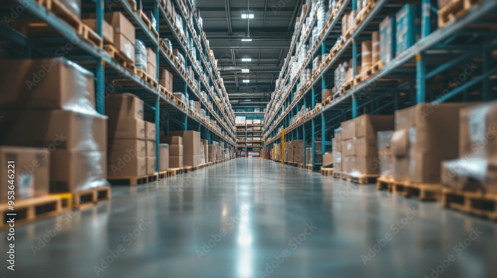 Industrial-scale warehouse with goods scattered across shelves in the background, captured with a blur effect to focus on the vastness of the storage space Industrial-scale warehouse with goods scattered across shelves in the background, captured with a blur effect to focus on the vastness of the storage space