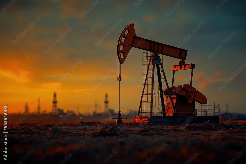 Oil Pumpjack at Sunset with Orange and Blue Sky Oil Pumpjack at Sunset with Orange and Blue Sky